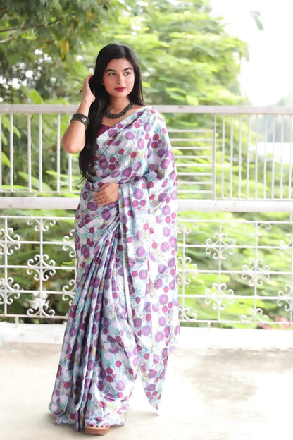 FlexFeb Trendy Polka Dot Printed Satin Saree for Women with Matching Blouse – Soft & Lightweight Fabric