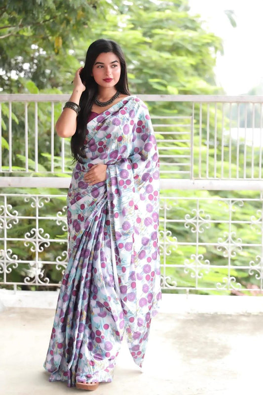 FlexFeb Trendy Polka Dot Printed Satin Saree for Women with Matching Blouse – Soft & Lightweight Fabric