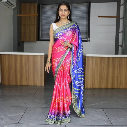 FlexFeb Bandhani Print Pure Japan Satin Saree in Pink & Blue with Pearl Lace Border – Traditional Festive Drape with Unstitched Blouse