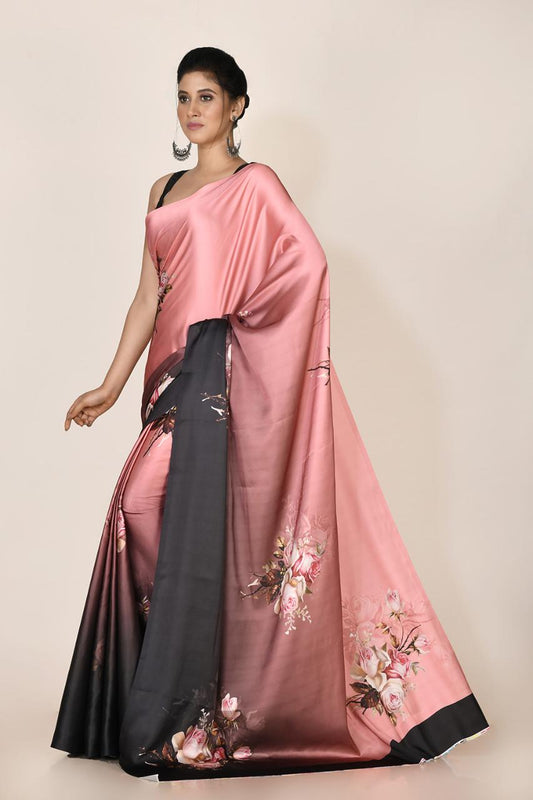 FlexFeb Floral Satin Saree with Ombre Black Pallu | Soft Draping Saree with Unstitched Blouse for Festive & Party Wear
