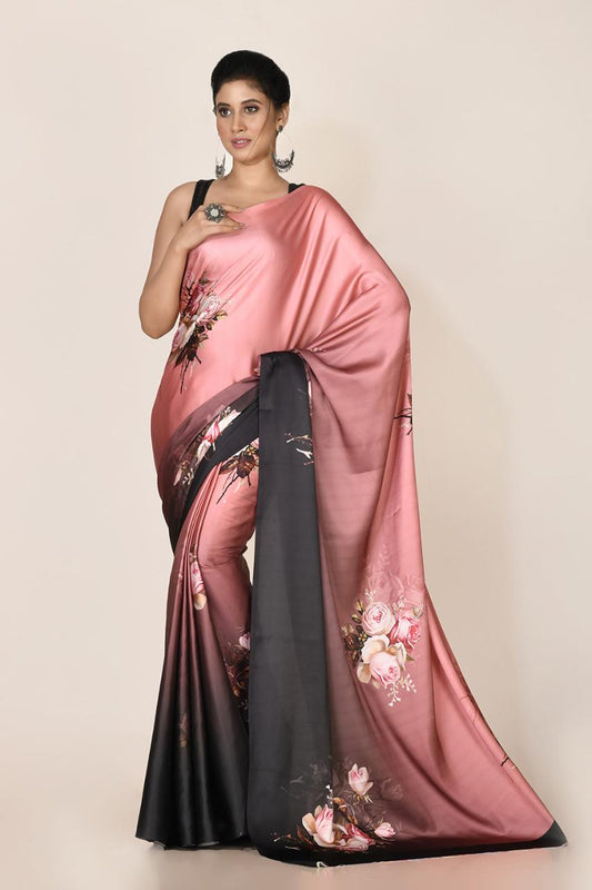 FlexFeb Floral Satin Saree with Ombre Black Pallu | Soft Draping Saree with Unstitched Blouse for Festive & Party Wear