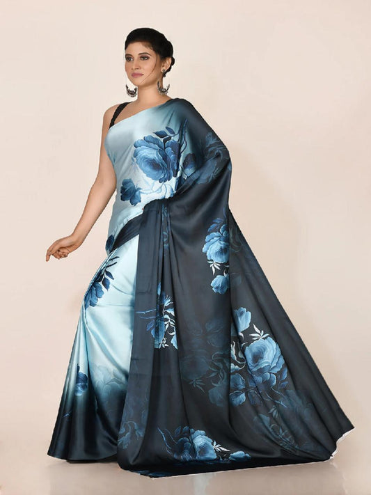 FlexFeb Floral Satin Saree with Ombre Effect | Soft Draping Fabric with Unstitched Blouse | Elegant Party & Festive Wear