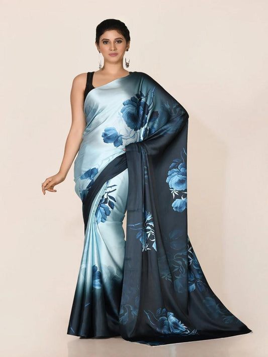 FlexFeb Floral Satin Saree with Ombre Effect | Soft Draping Fabric with Unstitched Blouse | Elegant Party & Festive Wear