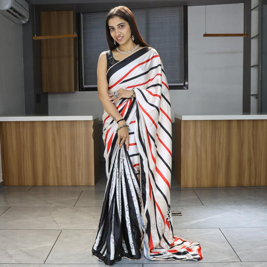 FlexFeb Modern Striped Japan Satin Saree in White, Red & Black with Pearl Lace Border – Stylish Party Drape with Unstitched Blouse