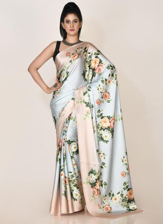 FlexFeb Floral Satin Saree with Soft Pink Border | Lightweight Draping Saree with Unstitched Blouse for Day Events & Festive Wear