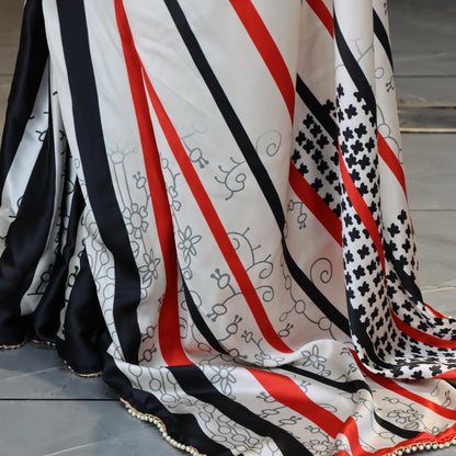 FlexFeb Modern Striped Japan Satin Saree in White, Red & Black with Pearl Lace Border – Stylish Party Drape with Unstitched Blouse