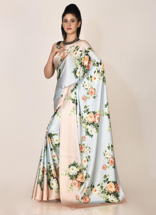 FlexFeb Floral Satin Saree with Soft Pink Border | Lightweight Draping Saree with Unstitched Blouse for Day Events & Festive Wear