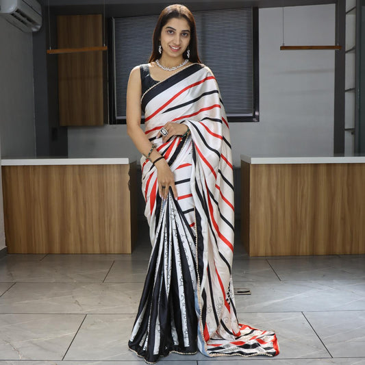 FlexFeb Modern Striped Japan Satin Saree in White, Red & Black with Pearl Lace Border – Stylish Party Drape with Unstitched Blouse