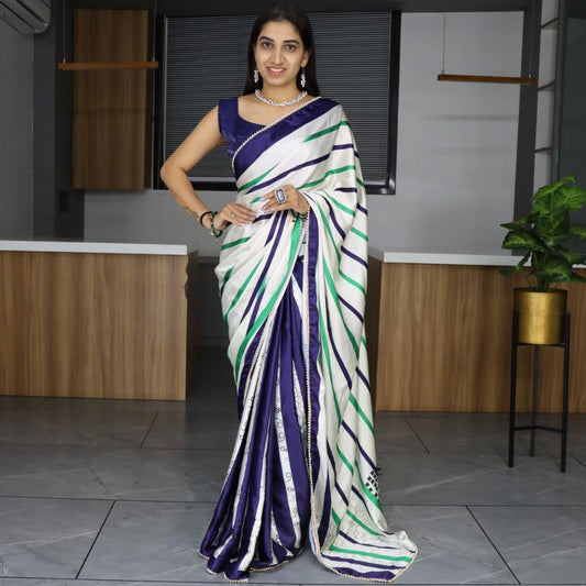FlexFeb Pure Japan Satin Saree with Elegant Pearl Lace Border – Party & Festive Wear