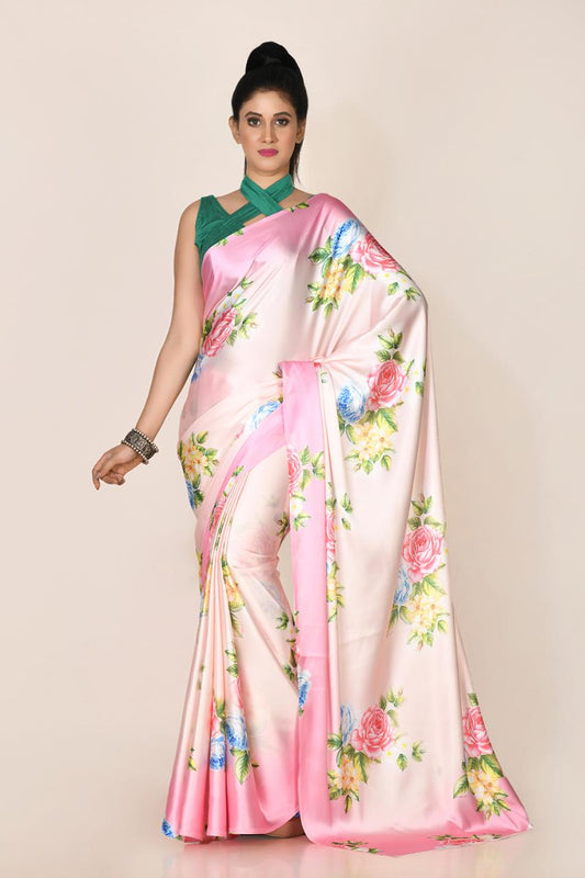 FlexFeb Floral Satin Saree with Multicolor Rose Print | Lightweight Draping Saree with Unstitched Blouse for Day & Festive Wear