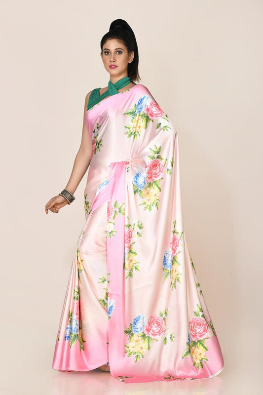 FlexFeb Floral Satin Saree with Multicolor Rose Print | Lightweight Draping Saree with Unstitched Blouse for Day & Festive Wear