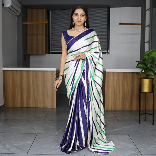 FlexFeb Pure Japan Satin Saree with Elegant Pearl Lace Border – Party & Festive Wear