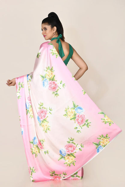 FlexFeb Floral Satin Saree with Multicolor Rose Print | Lightweight Draping Saree with Unstitched Blouse for Day & Festive Wear
