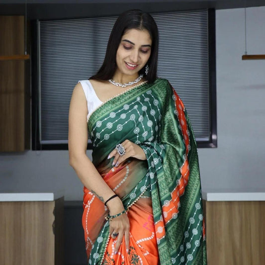 FlexFeb Traditional Bandhani Print Satin Saree in Green & Orange with Pearl Lace Border – Festive Wear