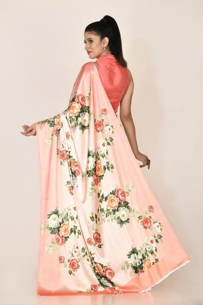 FlexFeb Bloom Satin Saree with Garden Rose Print | Lightweight Draped Saree for Elegant Daytime Looks & Casual Celebrations