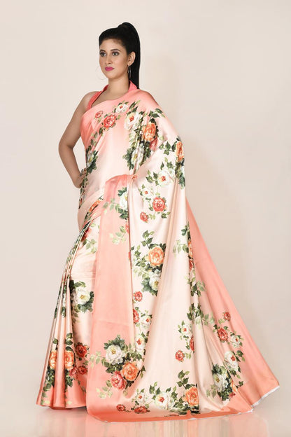 FlexFeb Bloom Satin Saree with Garden Rose Print | Lightweight Draped Saree for Elegant Daytime Looks & Casual Celebrations