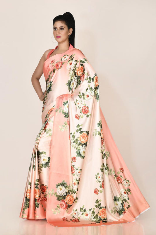FlexFeb Bloom Satin Saree with Garden Rose Print | Lightweight Draped Saree for Elegant Daytime Looks & Casual Celebrations