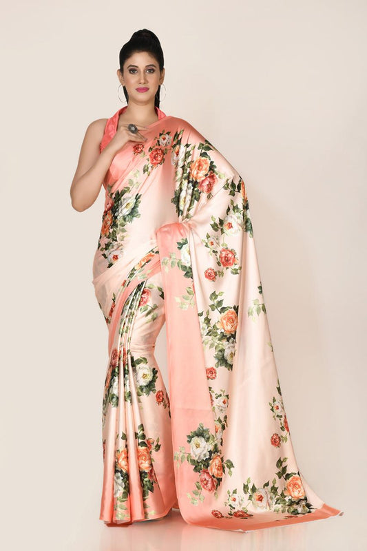 FlexFeb Bloom Satin Saree with Garden Rose Print | Lightweight Draped Saree for Elegant Daytime Looks & Casual Celebrations