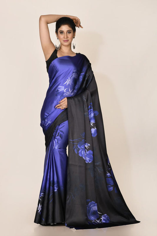FlexFeb Elegant Midnight Blue Floral Satin Saree with Matching Plain Blouse – Soft, Lustrous & Lightweight Drape