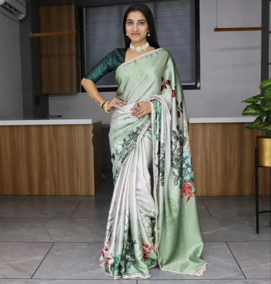 FlexFeb Elegant Green Japan Satin Saree with Pearl Lace and Botanical Floral Print – Unstitched Blouse Included