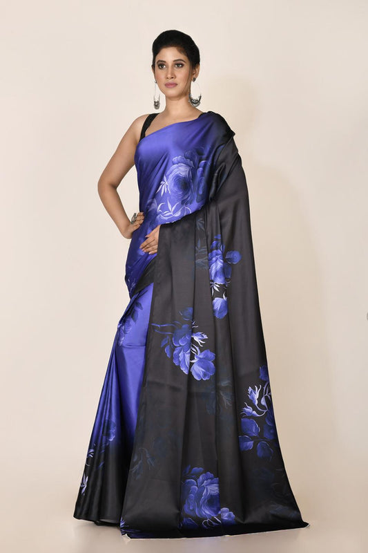 FlexFeb Elegant Midnight Blue Floral Satin Saree with Matching Plain Blouse – Soft, Lustrous & Lightweight Drape