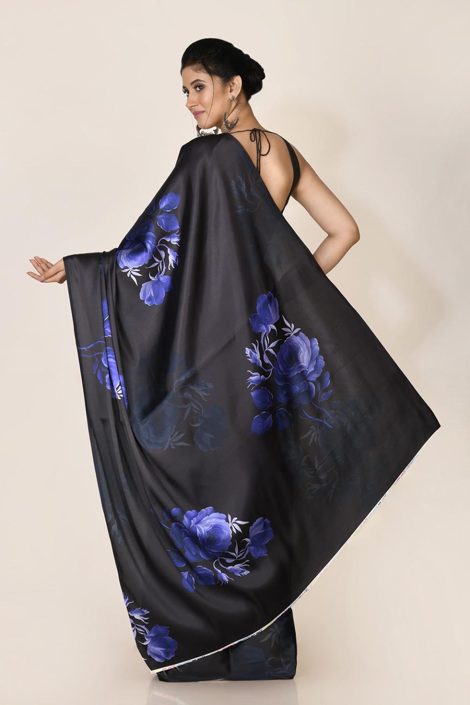 FlexFeb Elegant Midnight Blue Floral Satin Saree with Matching Plain Blouse – Soft, Lustrous & Lightweight Drape