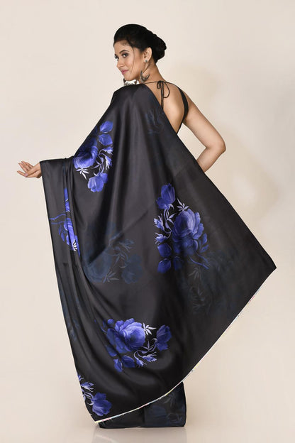 FlexFeb Elegant Midnight Blue Floral Satin Saree with Matching Plain Blouse – Soft, Lustrous & Lightweight Drape