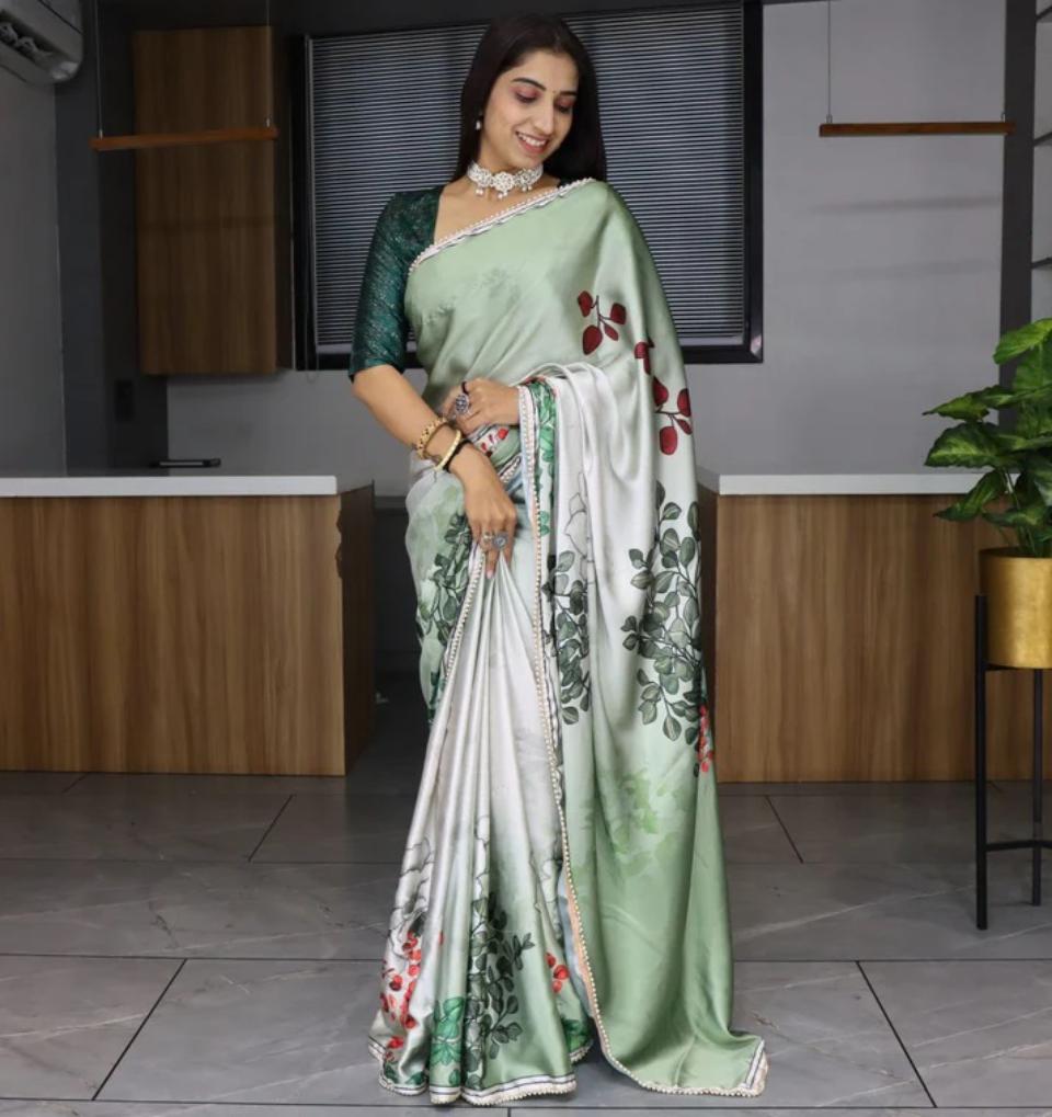 FlexFeb Elegant Green Japan Satin Saree with Pearl Lace and Botanical Floral Print – Unstitched Blouse Included