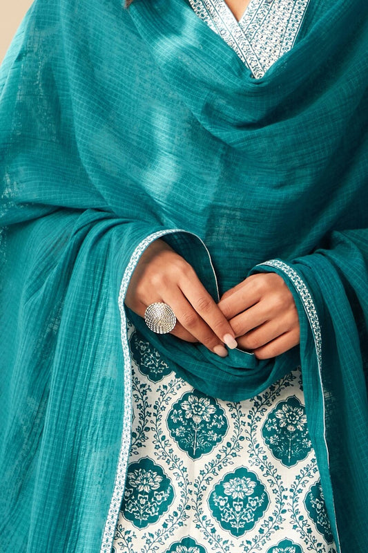 Elegant Sky Blue & White Cotton Suit Set – 3-Piece Traditional Indian Wear for Women