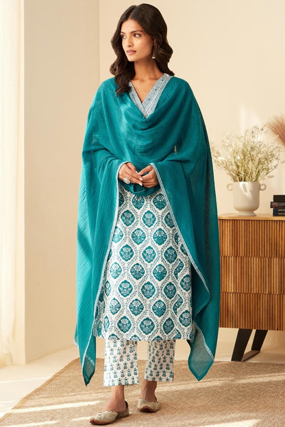 Elegant Sky Blue & White Cotton Suit Set – 3-Piece Traditional Indian Wear for Women