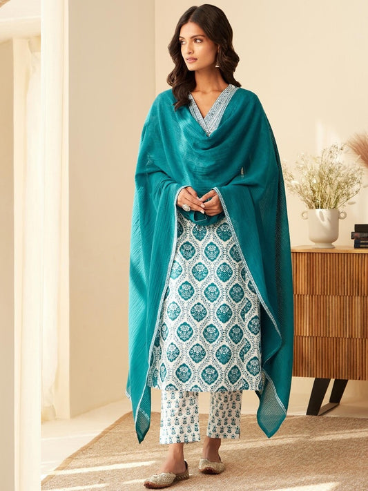 Elegant Sky Blue & White Cotton Suit Set – 3-Piece Traditional Indian Wear for Women