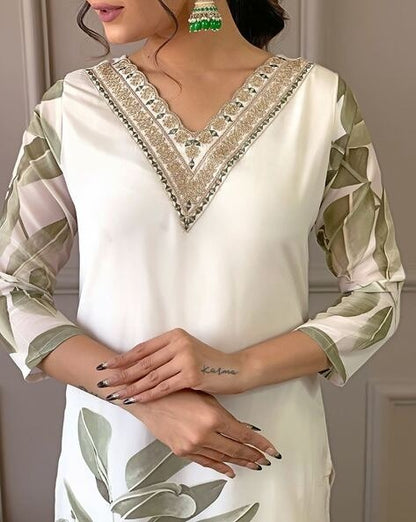 Muslin Dark Cream White 3-Piece Suit Set Elegant Printed Kurta, Pant & Dupatta for Women