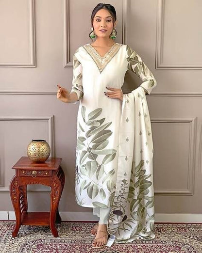Muslin Dark Cream White 3-Piece Suit Set Elegant Printed Kurta, Pant & Dupatta for Women