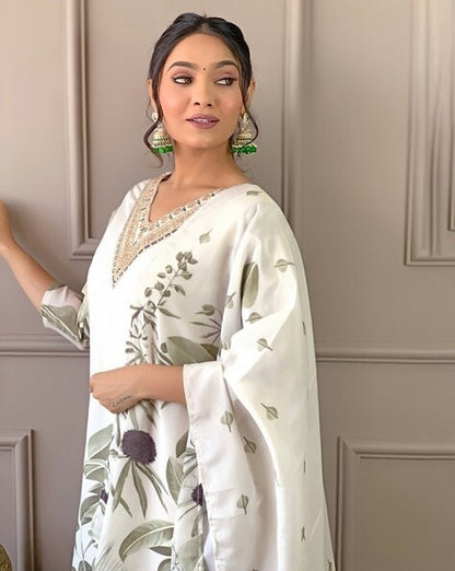 Muslin Dark Cream White 3-Piece Suit Set Elegant Printed Kurta, Pant & Dupatta for Women