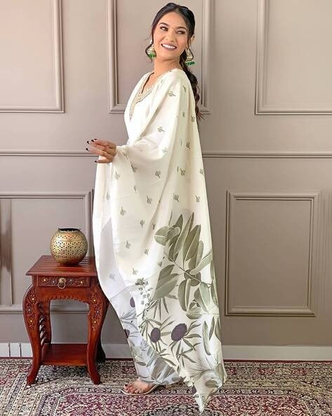 Muslin Dark Cream White 3-Piece Suit Set Elegant Printed Kurta, Pant & Dupatta for Women