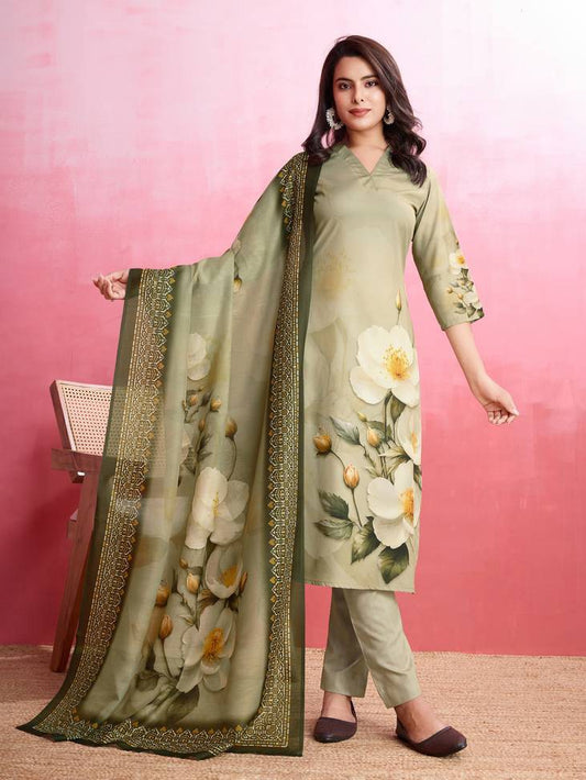 FlexFeb Elegant Black Embroidered Stitched Dress Suit - Muslim Dark Cream Coffee 3-Piece Suit Set with Floral Dupatta