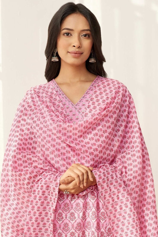 FlexFeb Pink Cotton Pink 3-Piece Suit Set with Elegant Printed Dupatta