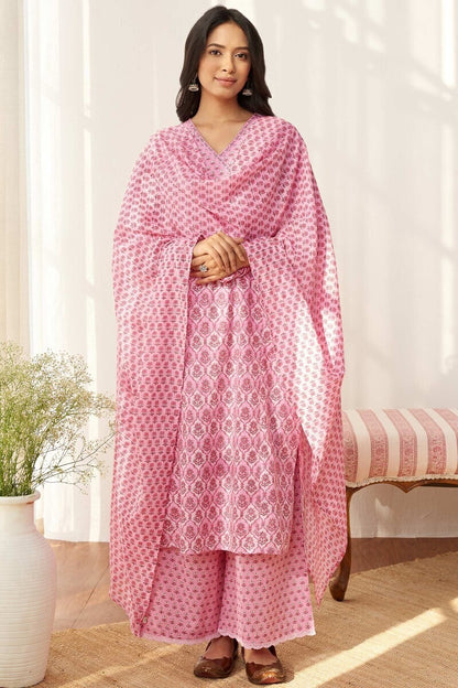 FlexFeb Pink Cotton Pink 3-Piece Suit Set with Elegant Printed Dupatta