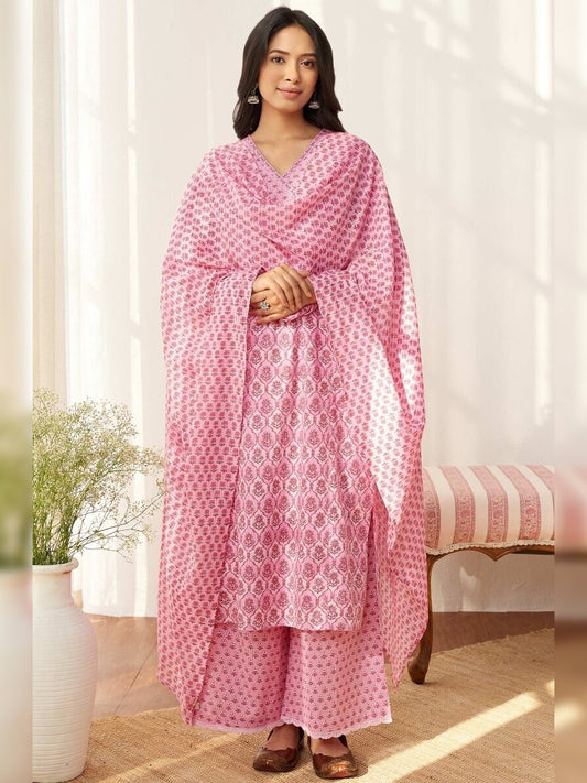 FlexFeb Pink Cotton Pink 3-Piece Suit Set with Elegant Printed Dupatta