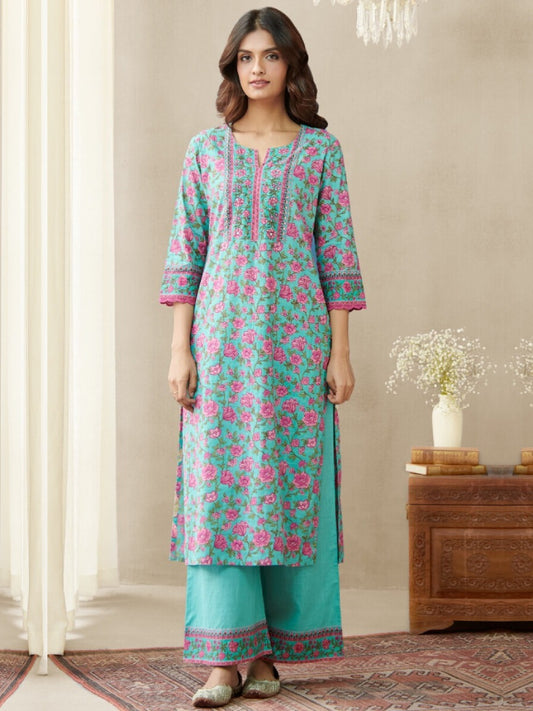 FlexFeb Cotton Greenish Blue and Light Pink 3-Piece Suit Set with Elegant Printed Dupatta