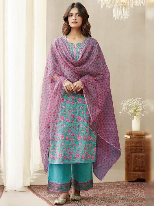 FlexFeb Cotton Greenish Blue and Light Pink 3-Piece Suit Set with Elegant Printed Dupatta