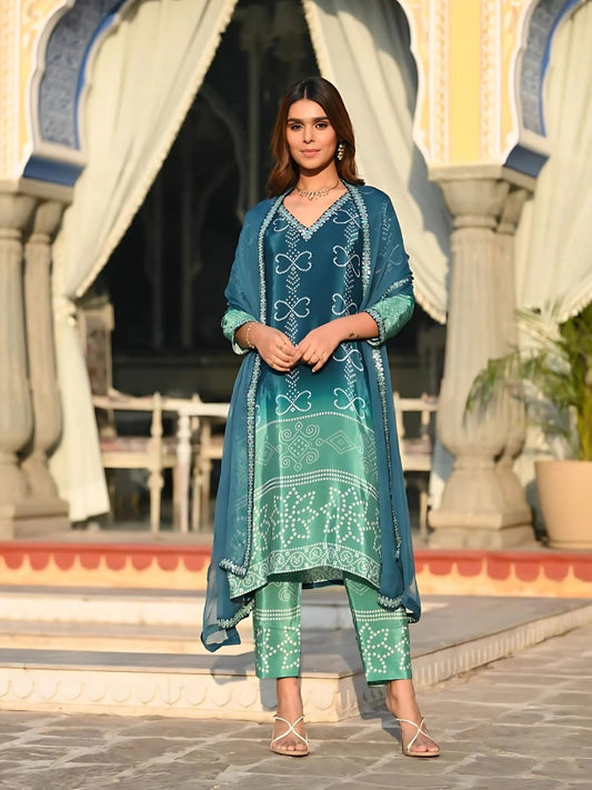 FlexFeb Chinon Green Shades 3-Piece Suit Set with Elegant Printed Dupatta