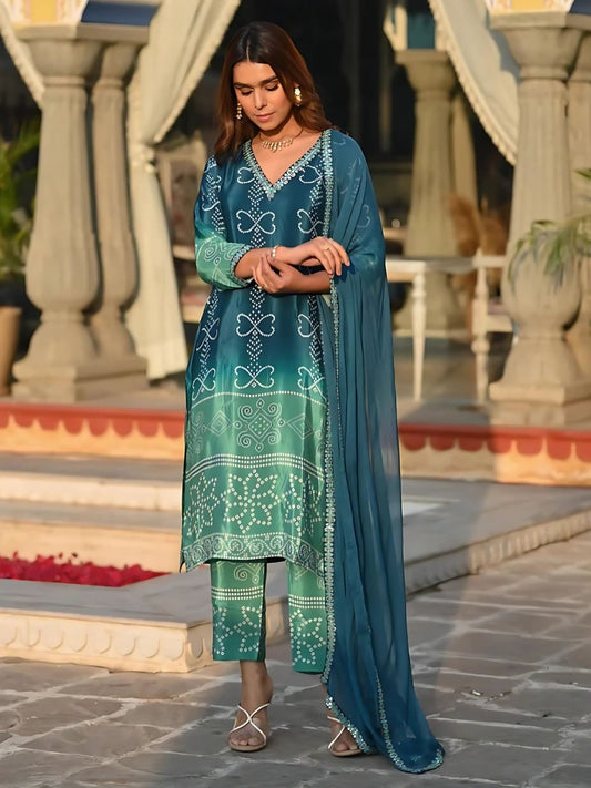 FlexFeb Chinon Green Shades 3-Piece Suit Set with Elegant Printed Dupatta