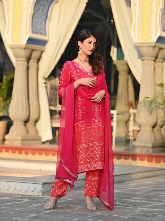 FlexFeb Chinon Pink Bandhani Design 3-Piece Suit Set with Matching Dupatta