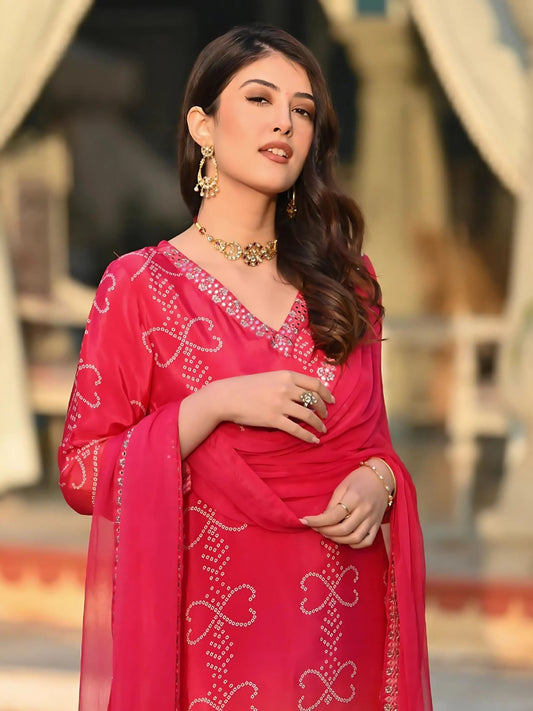 FlexFeb Chinon Pink Bandhani Design 3-Piece Suit Set with Matching Dupatta