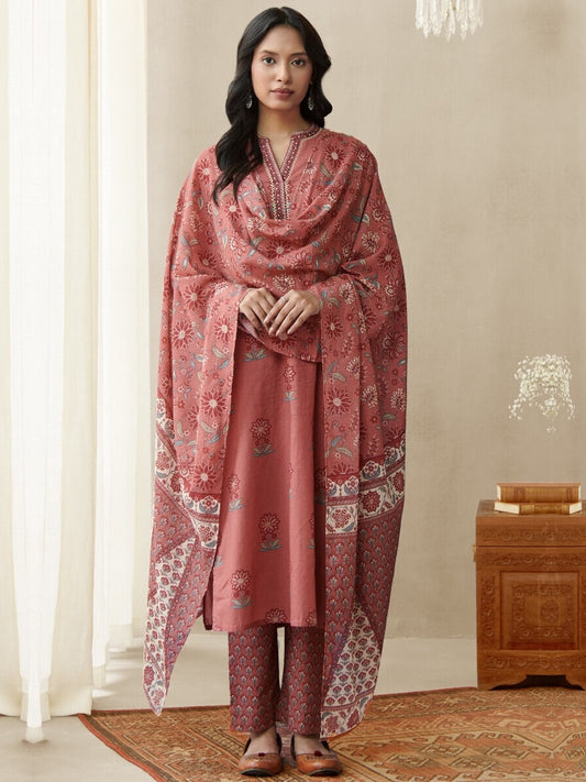 FlexFeb Cotton Pink 3-Piece Suit Set with Traditional Print