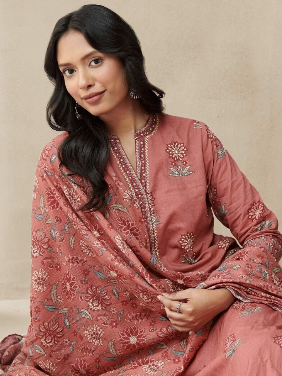 FlexFeb Cotton Pink 3-Piece Suit Set with Traditional Print