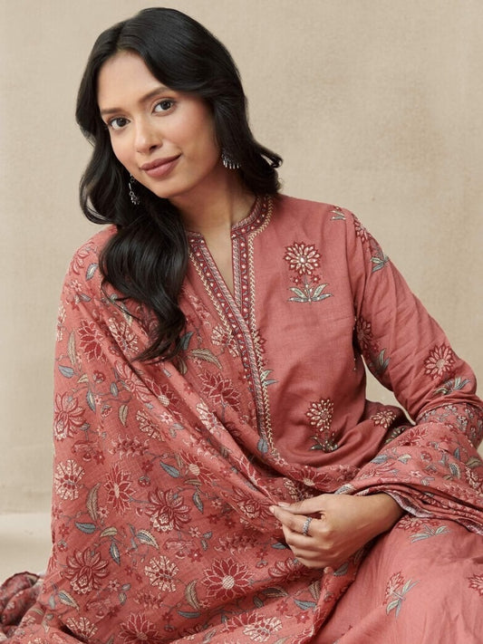 FlexFeb Cotton Pink 3-Piece Suit Set with Traditional Print