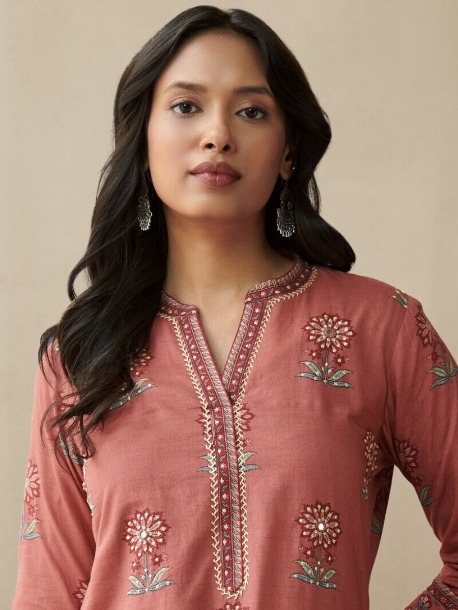FlexFeb Cotton Pink 3-Piece Suit Set with Traditional Print