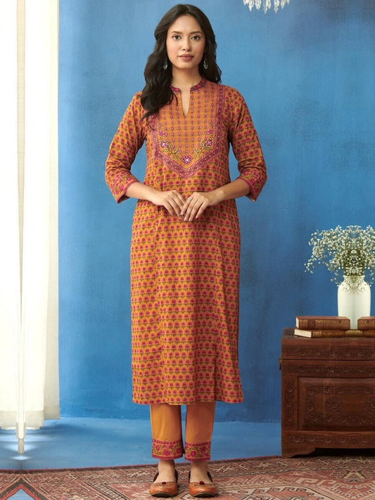 FlexFeb Cotton Dark Yellow 3-Piece Suit Set with Floral Elegance